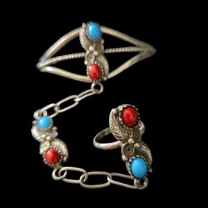 Vintage Navajo Sterling Slave Bracelet & Ring Size 8 . Genuine Turquoise & Coral